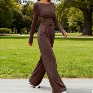 Brown Wide-Leg Lounge Jumpsuit 2 piece